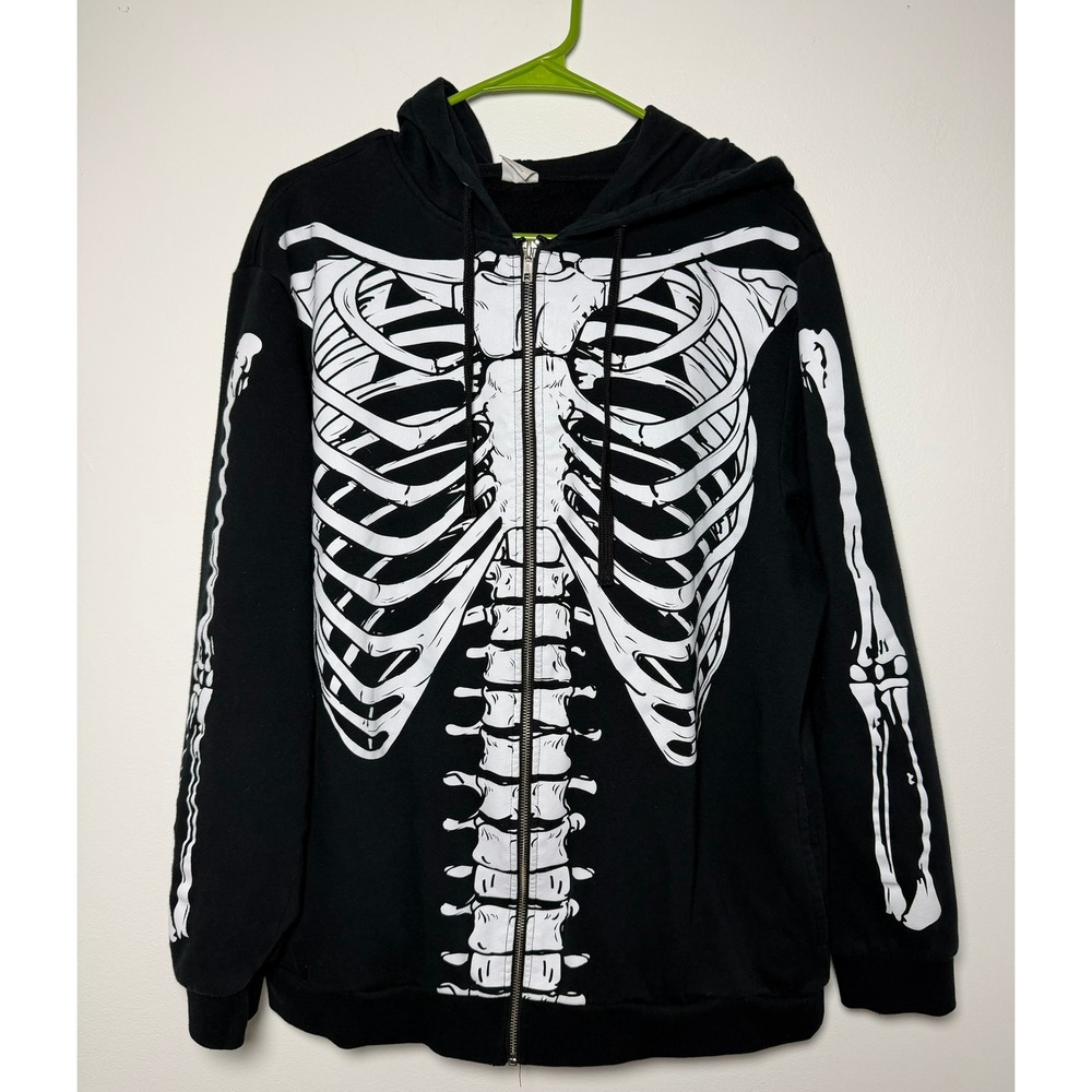 Spirit Halloween Mens Skeleton Zip Up Hoodie Black White Bone Graphic Large